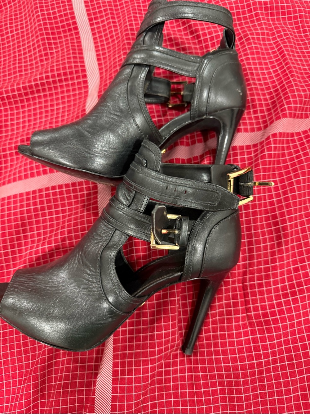 Michael Kors Black Cutout Strappy Stiletto Heels with Gold Buckles